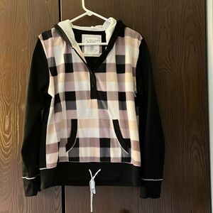 Kenzie black sleeved, checkered front, hooded sweatshirt. Size Large.
